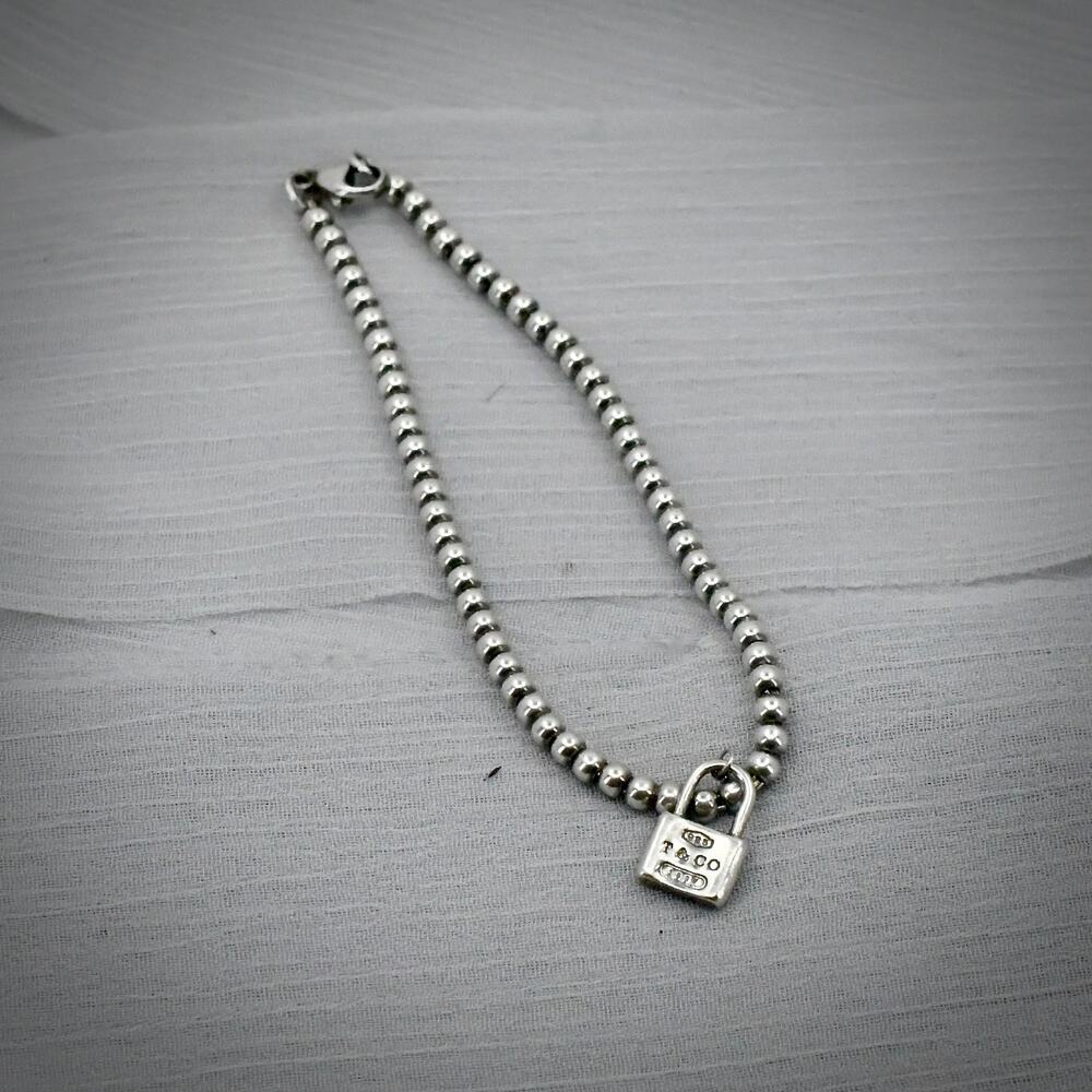 Tiffany & Co 1837 Padlock Bead Bracelet 925 Sterling Silver Ball Chain - Picture 3 of 6